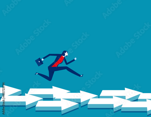 Business person run forward in the direction of the arrow. Directional guidance concept