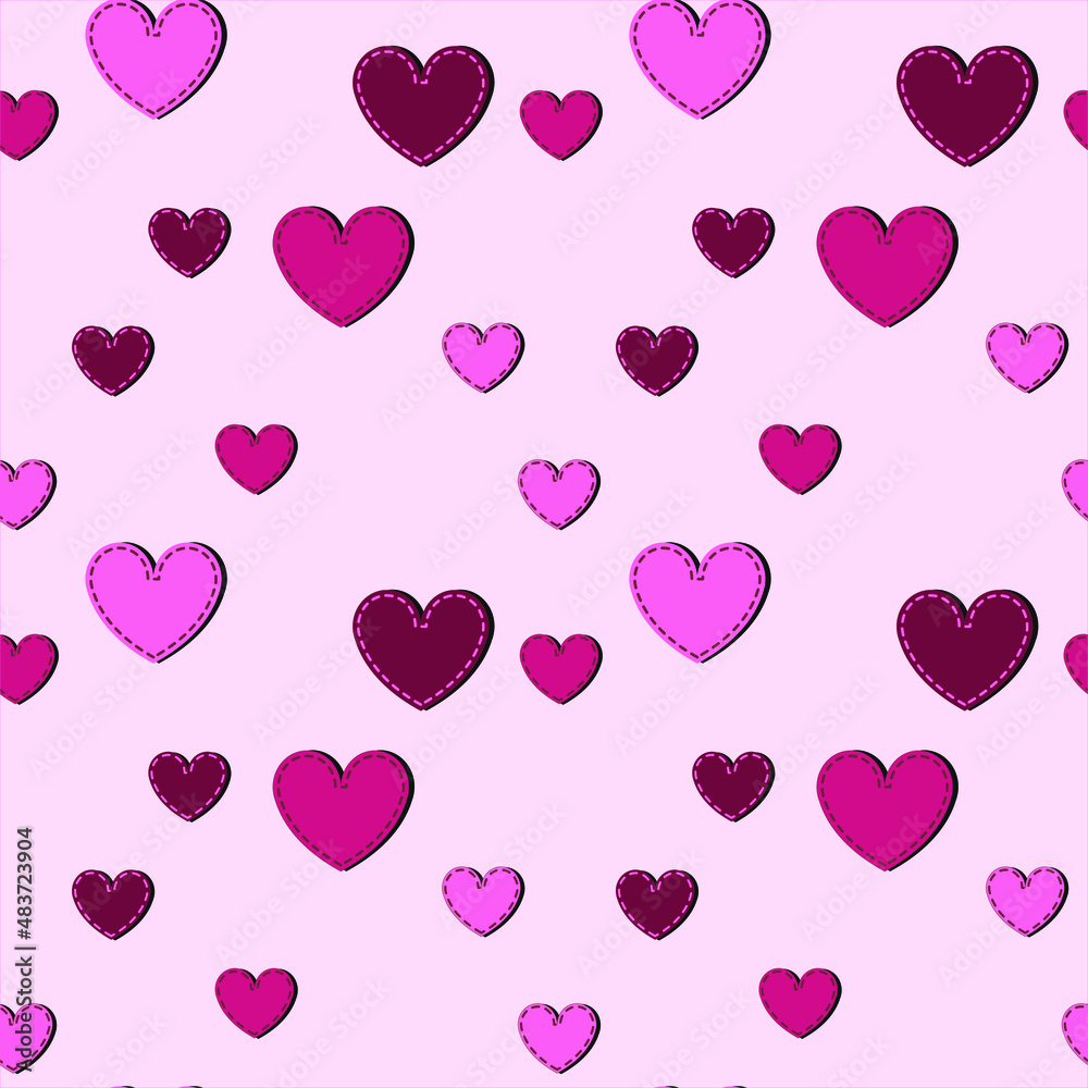 Seamless pink background with multicolored hearts