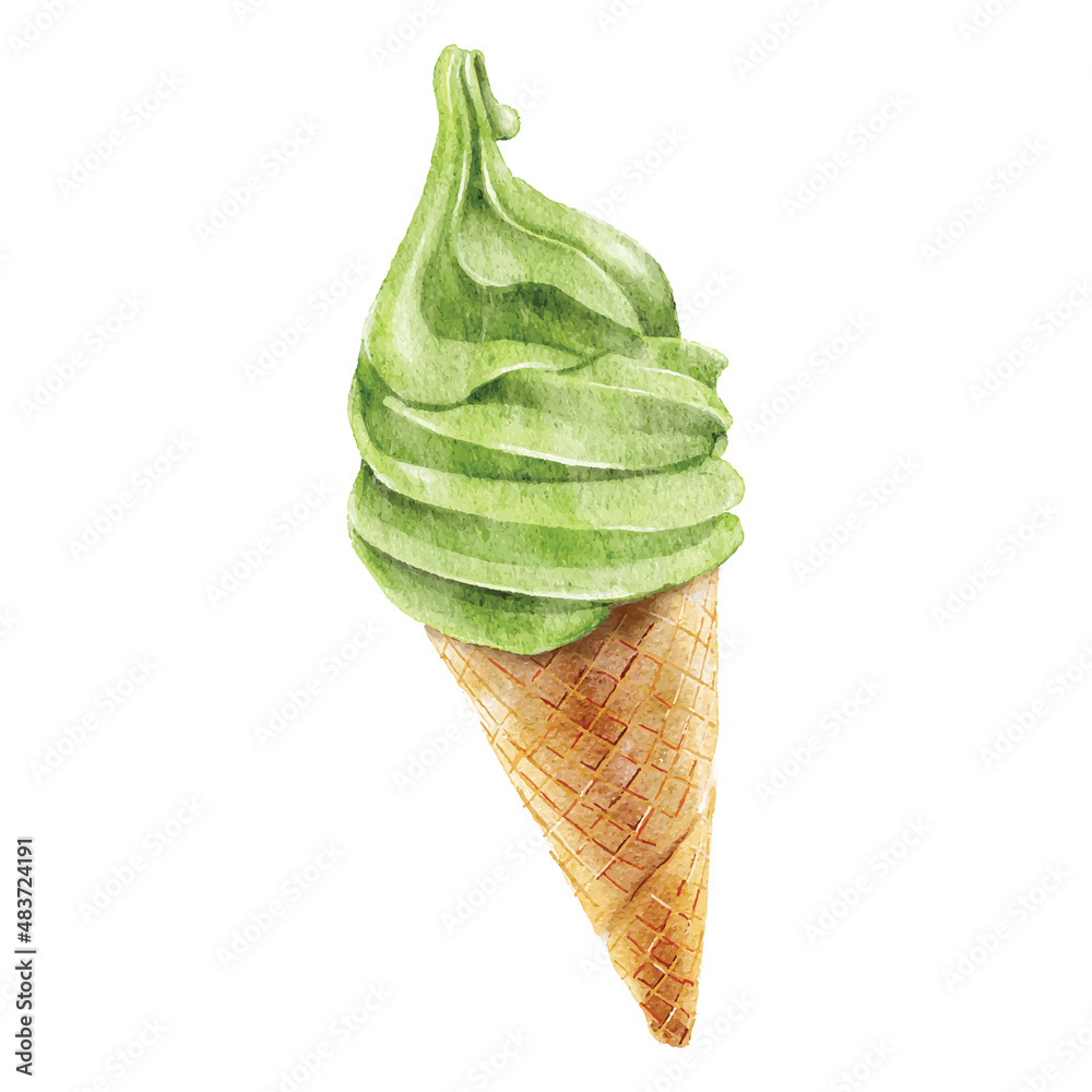 Watercolor green ice cream hand drawn illustration