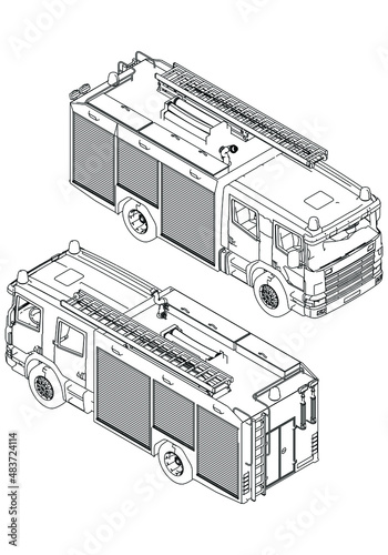 Fire engine truck crane realistic sketch. Fire truck template vector isolated on white.