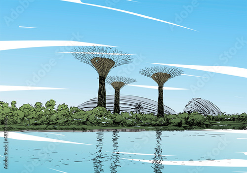 Singapore. Gardens by the Bay. Unusual perspective hand drawn sketch. City vector illustration