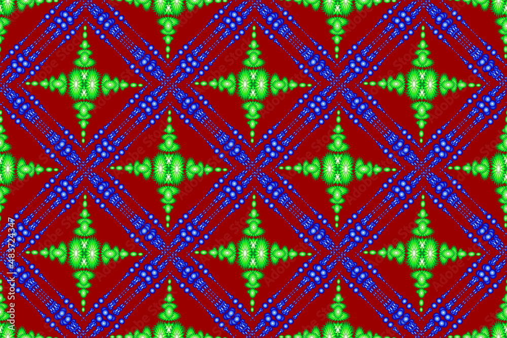 floral pattern, ethnic geometry blue green floral seamless pattern, seamless pattern for curtain design, carpet, wallpaper, clothing, wrap, batik, red background fabric pattern