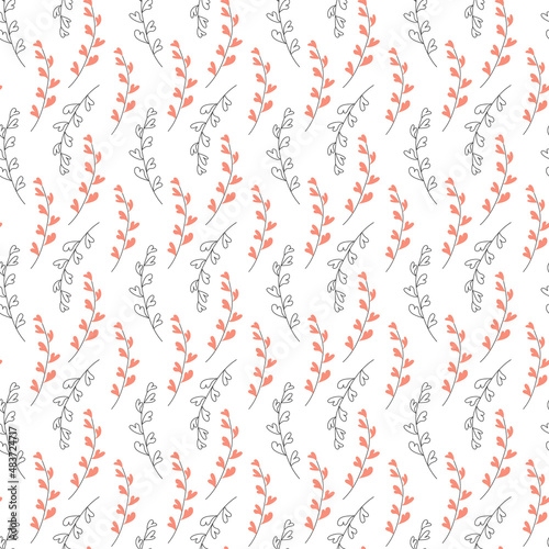 Seamless pattern of plant twigs of hearts in doodle style for Valentine's Day. Vector illustration on a white background for decor, print, packaging paper