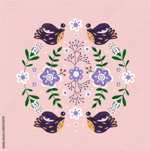 Vector ornament with birds, flowers and leaves with different folk compositions. Motif in scandinavan style. Ethnic flat illustration with nordic detailed in trendy colors