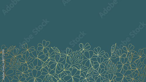 Luxury elegant line art background golden clover leaves and flowers on grey background with copy space