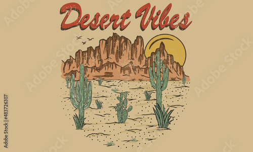 Desert vibes graphic print design for t shirt and others. Desert cactus wild vector artwork.