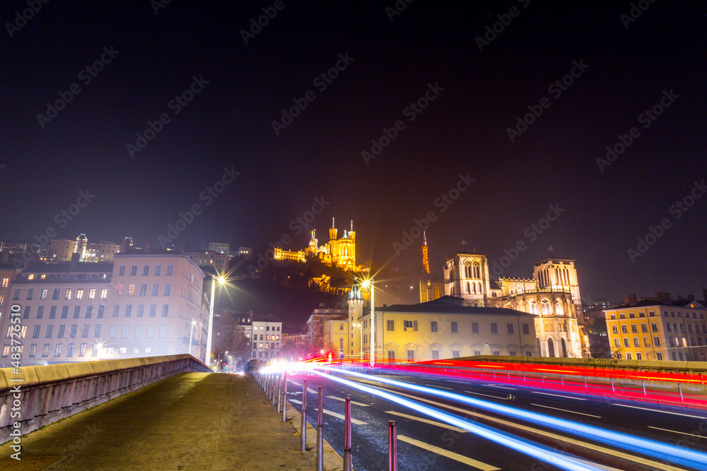 Night view of the Notre Dame de Fourviere Basilica in Lyon, France