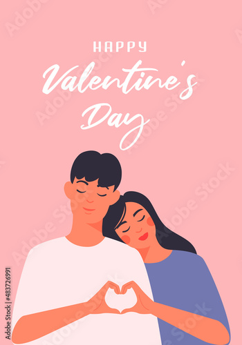 Happy valentine's day card. Flat vector illustration of happy couple, heart from hands.