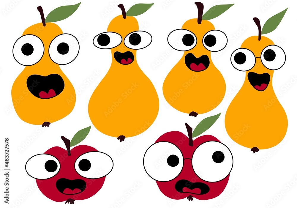 Obraz premium Fruit set with cartoon pears and apples for stickers and kids and cards and posters and postcard and wrapping paper