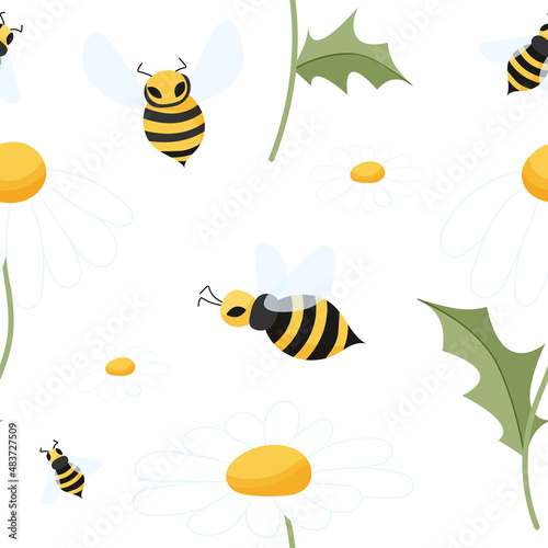 Bee and camomile seamless pattern. Bee and daisies in a kids pattern. Seamless is suitable for print, fabric, wrapping paper, bar and menu decoration. © Elena