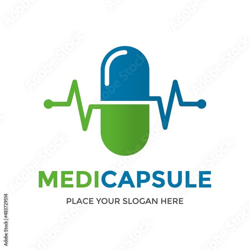 Medical capsule vector logo template. This design use capsule and pulse symbol. Suitable for health.
