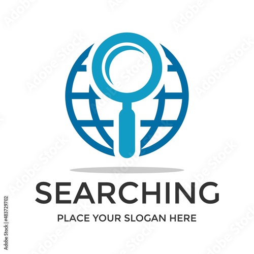 Searching globe or internet vector logo template. This design use discovery or find symbol. Suitable for business or technology.
