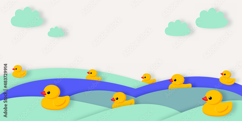 Holiday National Rubber Duck Day. Yellow cute ducklings have water races and cheer up in paper cut style. Water birds. Vector