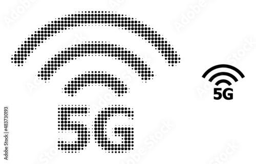 5G radio source halftone dotted vector. 5G radio source vector icon mosaic is done with halftone array which contains circle points.