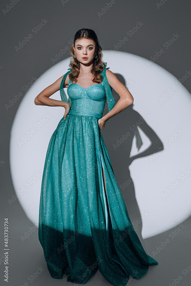 luxurious woman in an expensive evening dress in the light of a spotlight beam luxurious woman in an expensive evening dress in the light of a spotlight beam