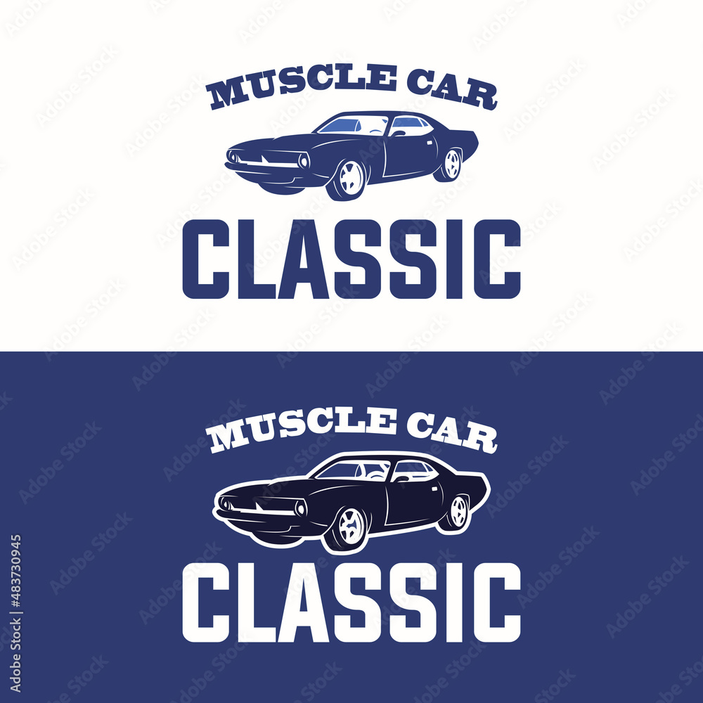 blue classic muscle car logo, silhouette of old car vector illustration ...