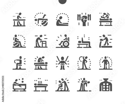 Physiotherapy. Massotherapy and acupuncture. Physical exercise. Rehabilitation. Health care, medical and medicine. Vector Solid Icons. Simple Pictogram