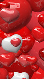 zomm on various sizes of red or white shinny hearts scattered in the air in portrait format