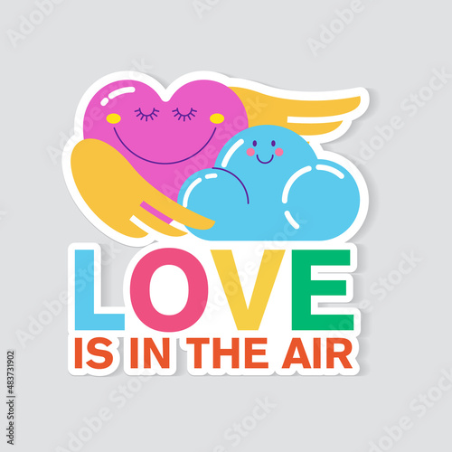 A heart in love with a cloud. Vector cartoon sticker about love.