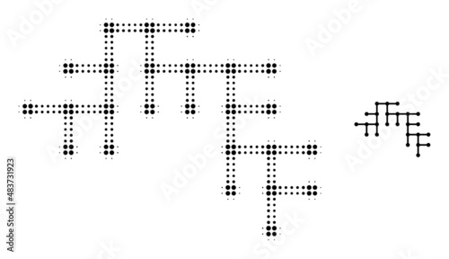 Binary circuit halftone dotted icon. Binary circuit vector icon mosaic is done of halftone pattern which contains round pixels.