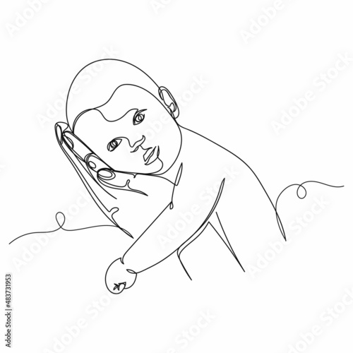Fototapeta Naklejka Na Ścianę i Meble -  Continuous one simple single abstract line drawing of newborn baby in hand in silhouette on a white background. Linear stylized.