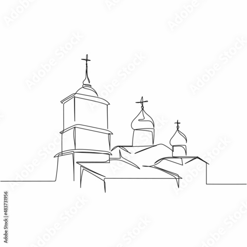 Continuous one simple single abstract line drawing of church religion concept icon in silhouette on a white background. Linear stylized.