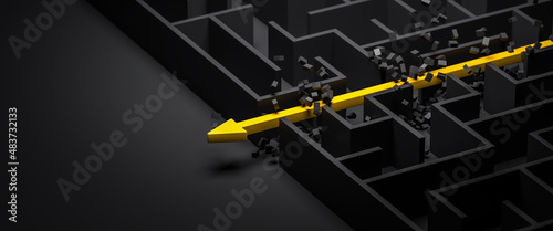 3d rendering: Concept - solving a complex problem. Brute force method: breaking through the brick wall. Black maze and floor with yellow solution path with arrow. Banner size.
