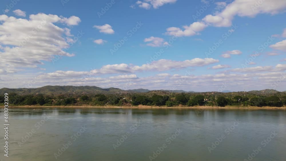 Laos side of the border as the drone took an aerial footage from the Thailand side of the Walking Street, Chiang Khan, Loei in Thailand. Laos side of the border as the drone took an aerial footage from the Thailand side of the Walking Street, Chiang Khan, Loei in Thailand.