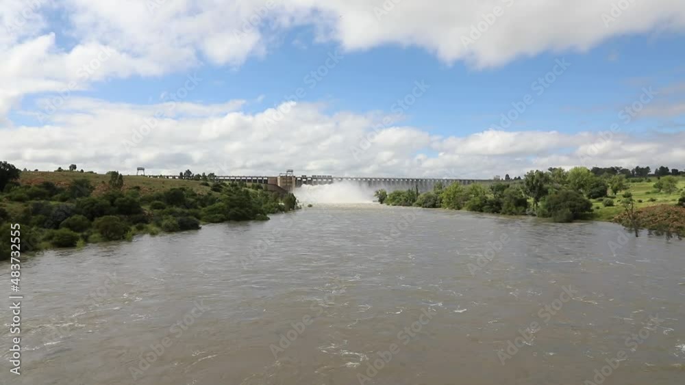 Vaal River and Vaal dam with sluice gates open.  Vaal Dam is between the Gauteng and Freestate provinces of South Africa 