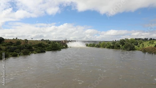 Vaal River and Vaal dam with sluice gates open.  Vaal Dam is between the Gauteng and Freestate provinces of South Africa  photo