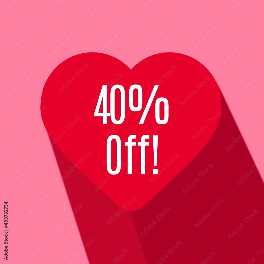 40% off on a red heart on a pink background for Valentine's Day and Mother's Day. Forty percent off a red heart.