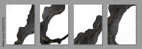 Modern watercolor background or elegant card design for birthday invite or wedding or menu with abstract black ink waves and golden splashes.