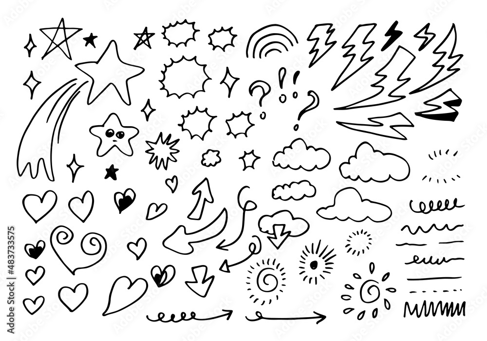 Obraz premium set of different stars, cloud, arrows, hearts, thunderbolt, signs and symbols. Hand drawn, doodle elements isolated on white background.