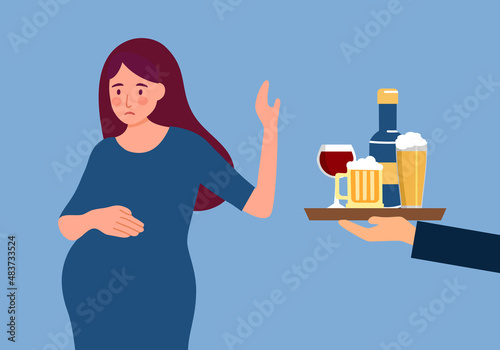 No alcohol during pregnancy. Pregnant woman refuse drinking beer for good health.