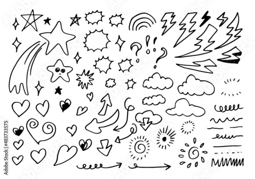 set of different stars, cloud, arrows, hearts, thunderbolt, signs and symbols. Hand drawn, doodle elements isolated on white background.