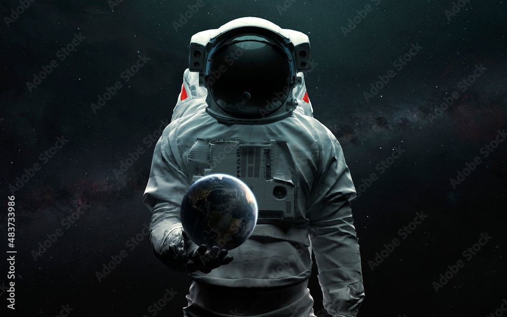 Astronaut holding Earth planet in hand. 3D sci-fi art. Elements of image provided by Nasa - obrazy, fototapety, plakaty 