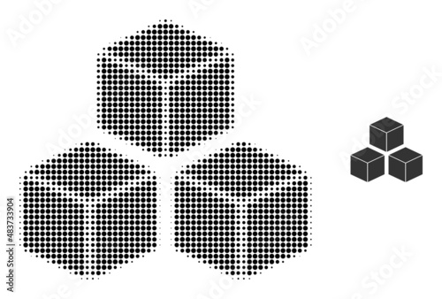 Cubes halftone dotted icon. Cubes vector icon mosaic is created from halftone pattern which contains round elements.