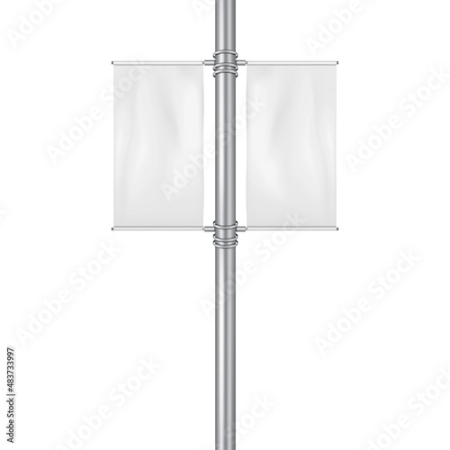 Empty street light pole banner isolated on white background - realistic vector mock-up. Blank streetlight display mockup. Poster sign. Template for design