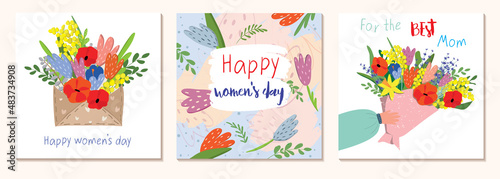Happy Women's Day March 8. Mothers Day. Cute cards and posters for the spring holiday. Vector illustration of a date, a women and a bouquet of flowers. I love you