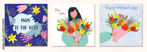 Mothers Day. Vector watercolor illustrations of mom, woman, flowers, hearts, pattern and text. Spring bouquet. Spring postcards square. Drawings for a postcard, poster or background