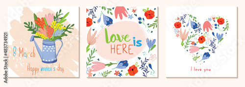 Happy Women's Day March 8. Cute cards and posters for the spring holiday. Vector illustration of a date, a women and a bouquet of flowers. I love you