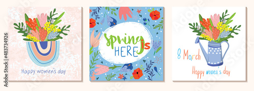 Happy Women's Day March 8. Cute cards and posters for the spring holiday. Vector illustration of a date, a women and a bouquet of flowers. I love you
