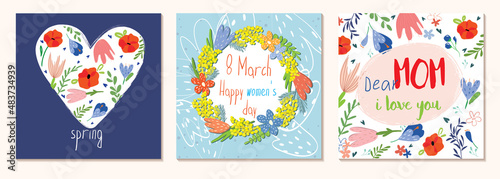 Happy Women's Day March 8. Mothers Day. Cute cards and posters for the spring holiday. Vector illustration of a date, a women and a bouquet of flowers. I love you