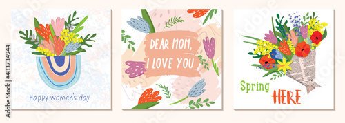 Happy Women's Day March 8. Mothers Day. Cute cards and posters for the spring holiday. Vector illustration of a date, a women and a bouquet of flowers. I love you