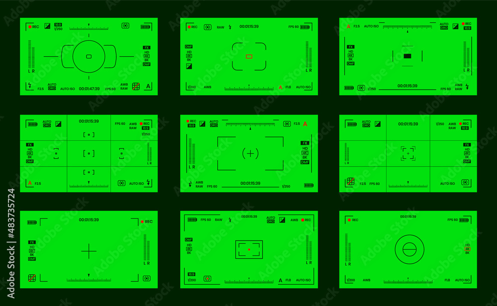Green colored chroma key camera rec frame viewfinder overlay background screen flat style design vector illustration. Chroma key VFX screen camera overlay abstract background concept for video footage