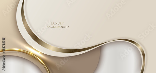 Abstract elegant white and brown wave shape with 3D golden curved ribbon lines rounded