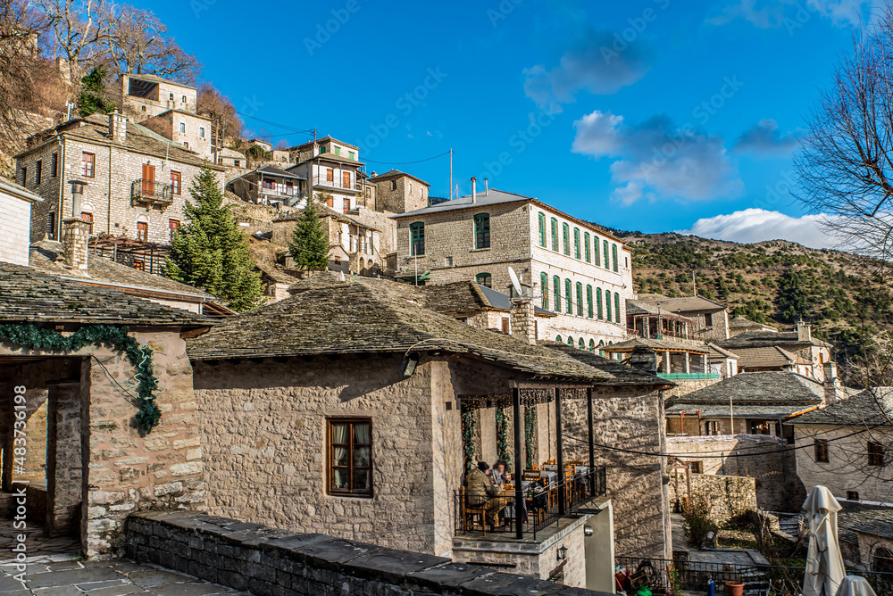 Syrrako village on a beautiful day, at Tzoumerka mountains, Ioannina, Epirus, Greece