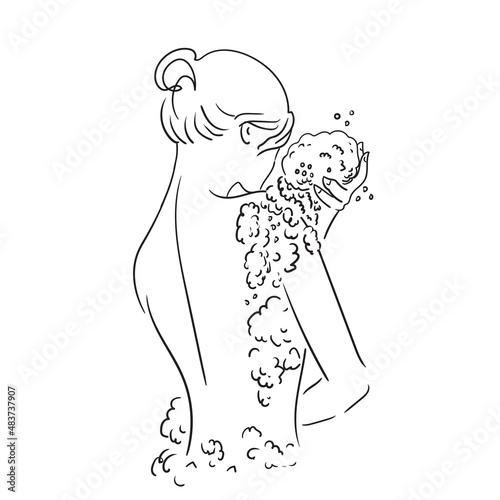 PrintA beautiful young woman stands with her back and washes in the shower with a wash sponge and high foam. Stock  illustration isolated on white background. Linear black and white illustration