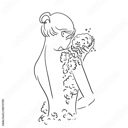 A beautiful young woman stands with her back and washes in the shower with a wash sponge and high foam. Stock vector illustration isolated on white background. Linear black and white illustration.