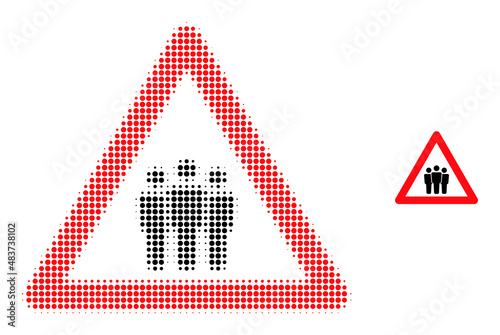 People warning halftone dotted vector. People warning vector icon mosaic is made with halftone pattern which contains round points.